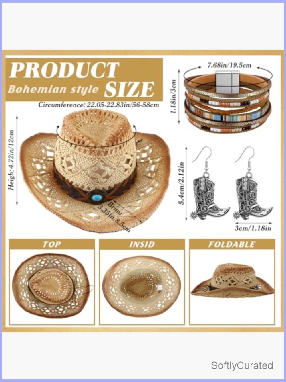 Western Cowboy Hat Set with Bracelet and Earrings Bohemian Vintage - Picture 3 of 7